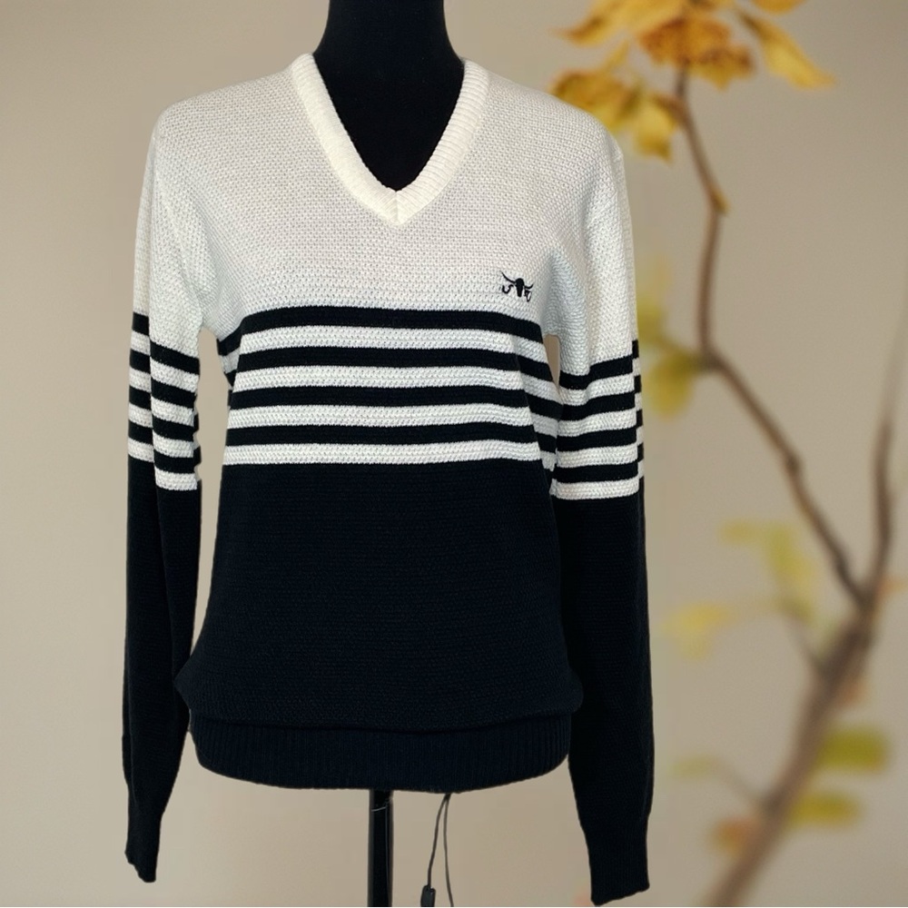 Sergio Valente Vintage 80s Striped Collegiate V-Neck Knit Sweater Size M